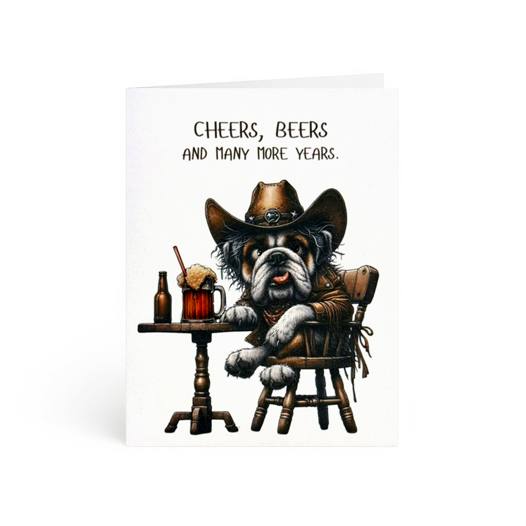 Bulldog in cowboy hat with beer at tavern table