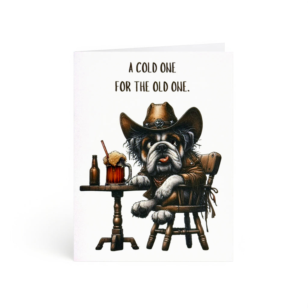 Rugged bulldog in cowboy gear with frosty beer, playful birthday card