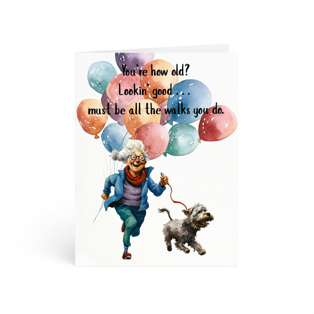 Cheerful senior holding balloons and walking dog, playful birthday card