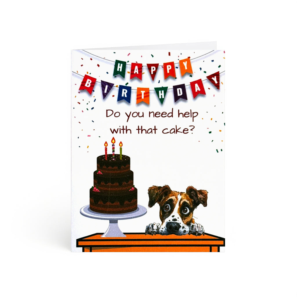 Wide-eyed pup peeking at towering chocolate cake