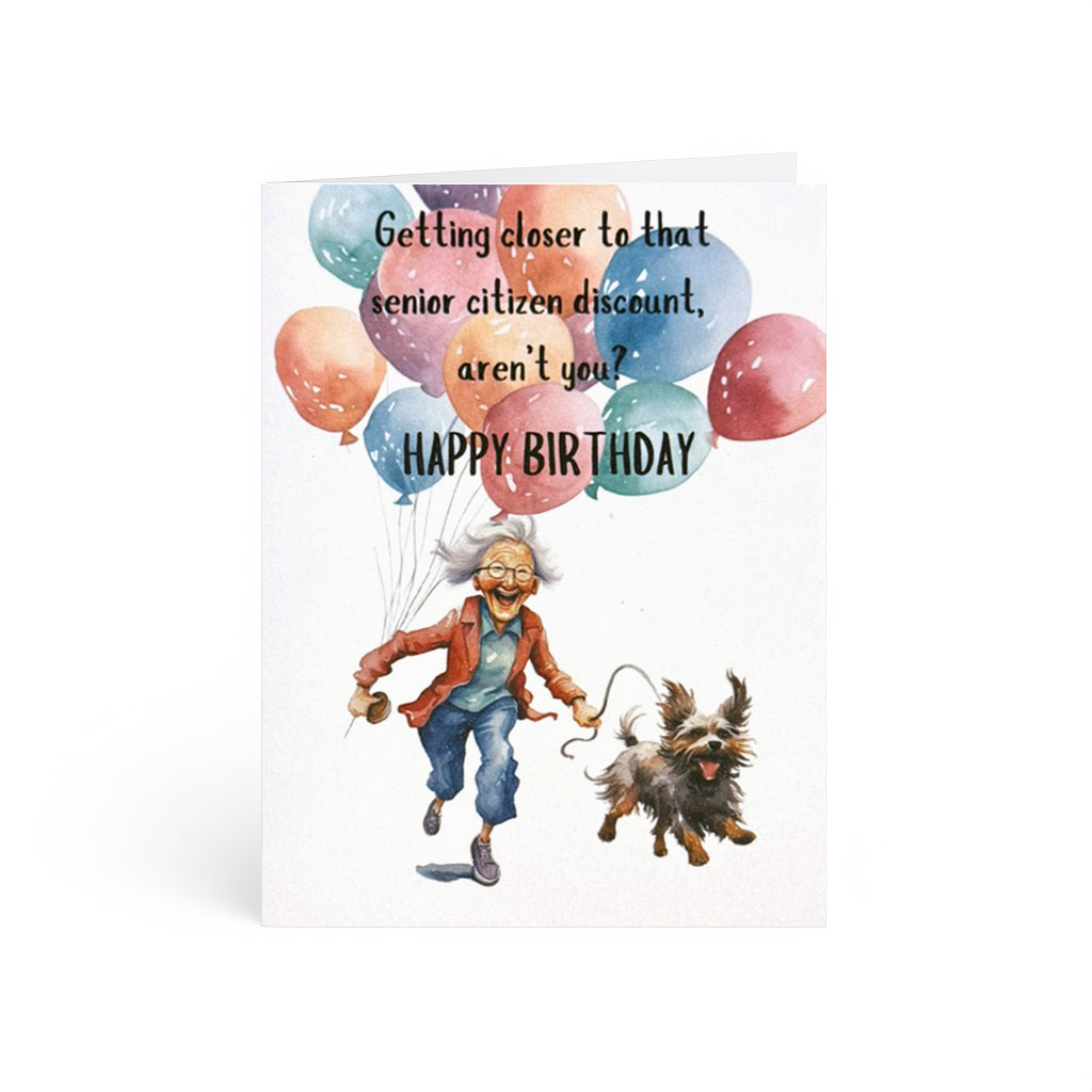 Spirited senior with balloons and energetic pup, humorous birthday card