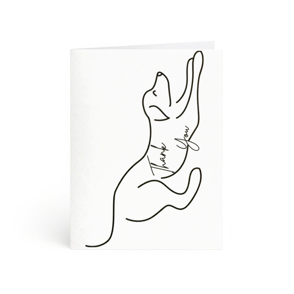 Sleek line-art illustration of a dog in a play bow with Thank You