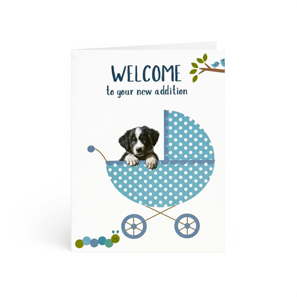 Sweet puppy peeking from a blue polka-dot carriage for new addition