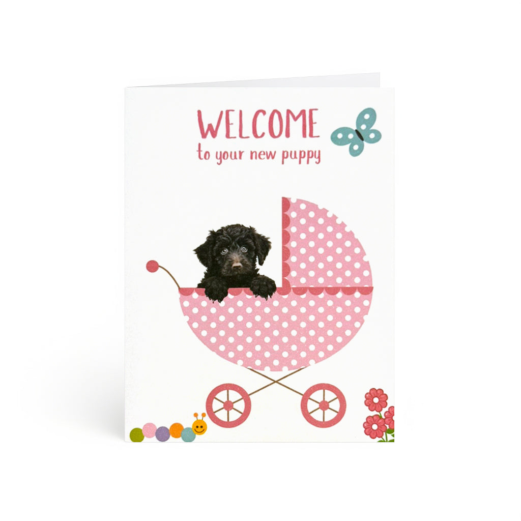 Adorable puppy inside a pink polka-dot baby carriage