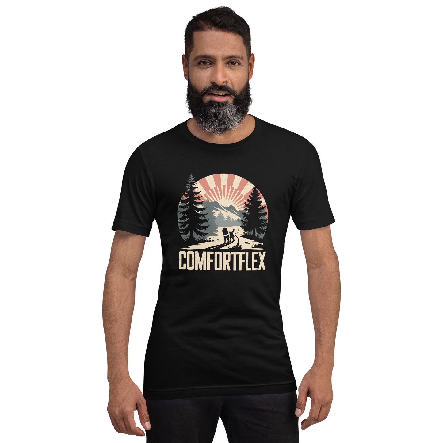 Man with a beard wearing a black ComfortFlex T-shirt featuring a retro-style outdoor graphic with trees, mountains, and sun rays.