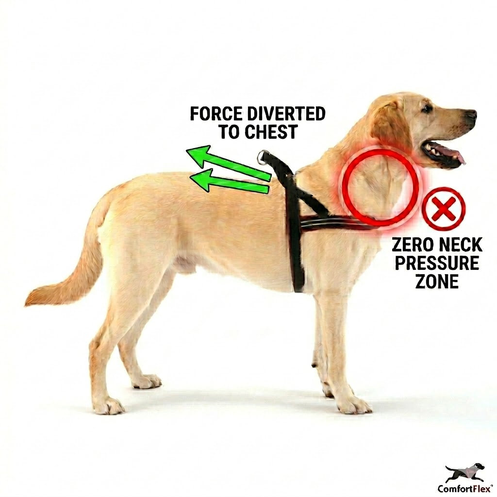 Side profile of a purebred Yellow Labrador Retriever wearing a ComfortFlex Sport Harness with technical overlays showing green arrows diverting pull force to the chest and a red "X" marking the zero neck pressure zone for dogs with Laryngeal Paralysis.