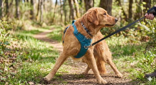 Golden retriever in teal harness resistsand pulls away on trail, looking back at handler.andler.