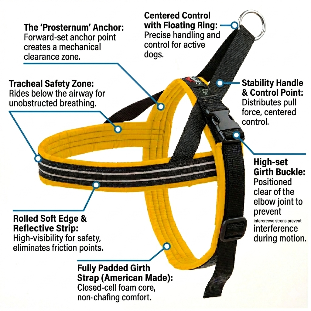 "Technical diagram of the ComfortFlex Sport Harness illustrating the Tracheal Safety Zone, forward-set Prosternum Anchor, and high-set buckle for maximum armpit clearance and zero-chafing performance."