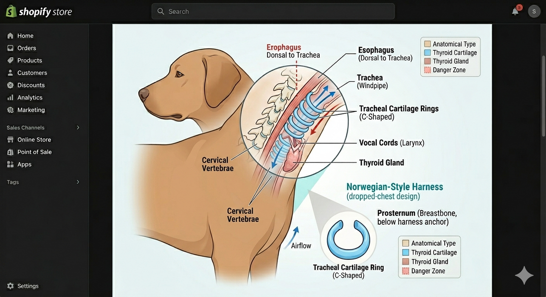 "Anatomical diagram of a dog's neck and chest showing the C-shaped tracheal cartilage rings, the esophagus, and the prosternum (breastbone) to illustrate the 'no-choke' safety zone for Norwegian-style harnesses."