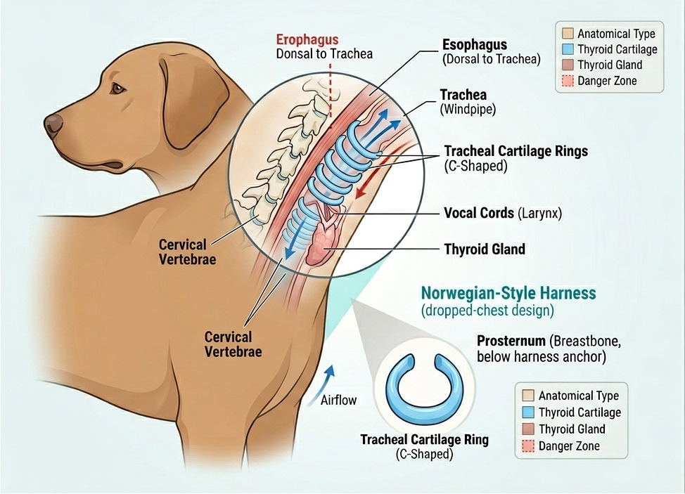 Anatomical diagram in image_249440.jpg showing a dog's upper airway, highlighting C-shaped tracheal cartilage rings, vocal cords, and larynx, to demonstrate why a Norwegian-style dropped-chest harness protects against tracheal collapse.