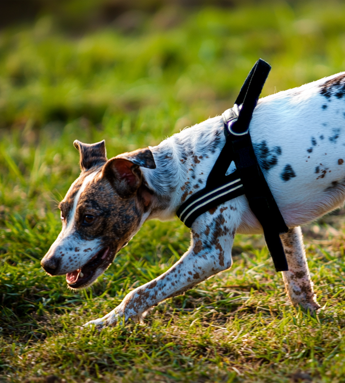 A speckled dog wearing a ComfortFlex Sport Harness engaged in scent work. The image highlights the harness’s ergonomic fit and shoulder clearance as the dog tracks a scent through a grassy field.