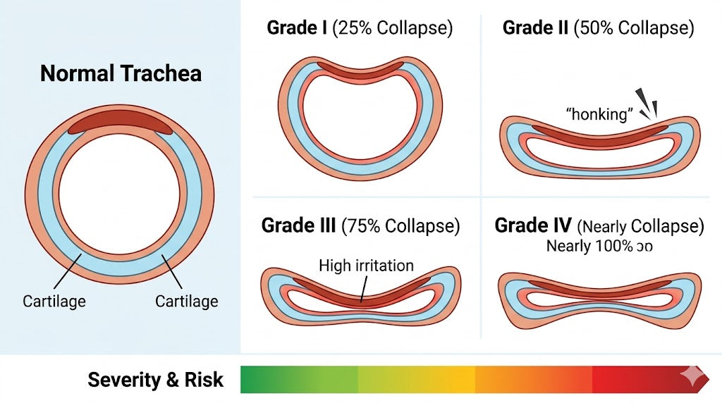 Anatomical chart of tracheal collapse in dogs showing how weakened cartilage rings flatten and restrict airflow, highlighting the medical importance of using a neck-free harness to prevent further airway irritation.