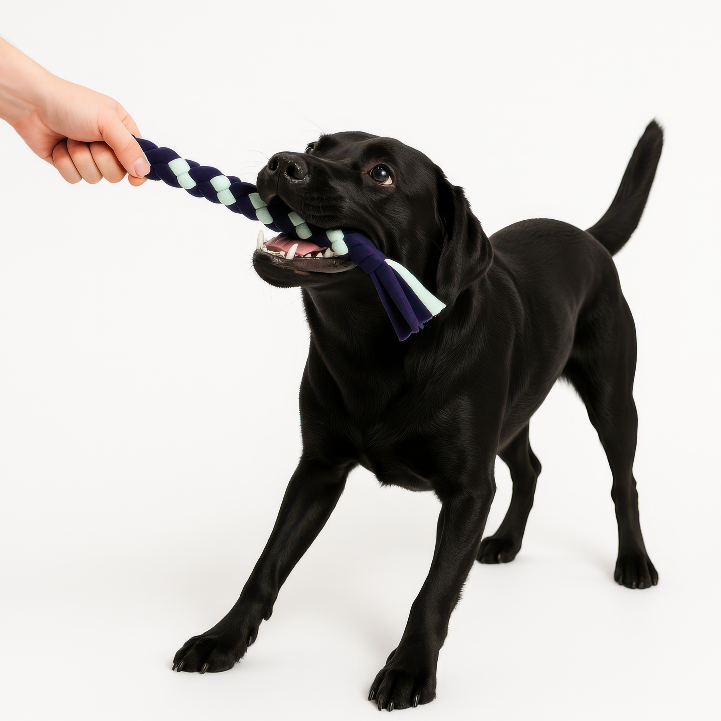 a black dog playing tug with a braided fleece tug toy