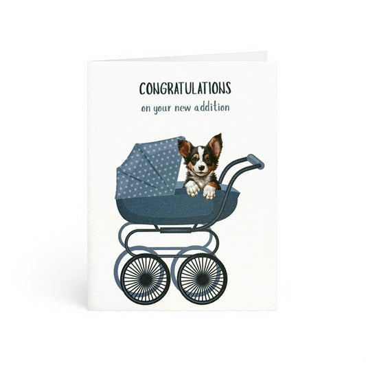Sweet puppy in navy polka-dot pram, congratulations new addition