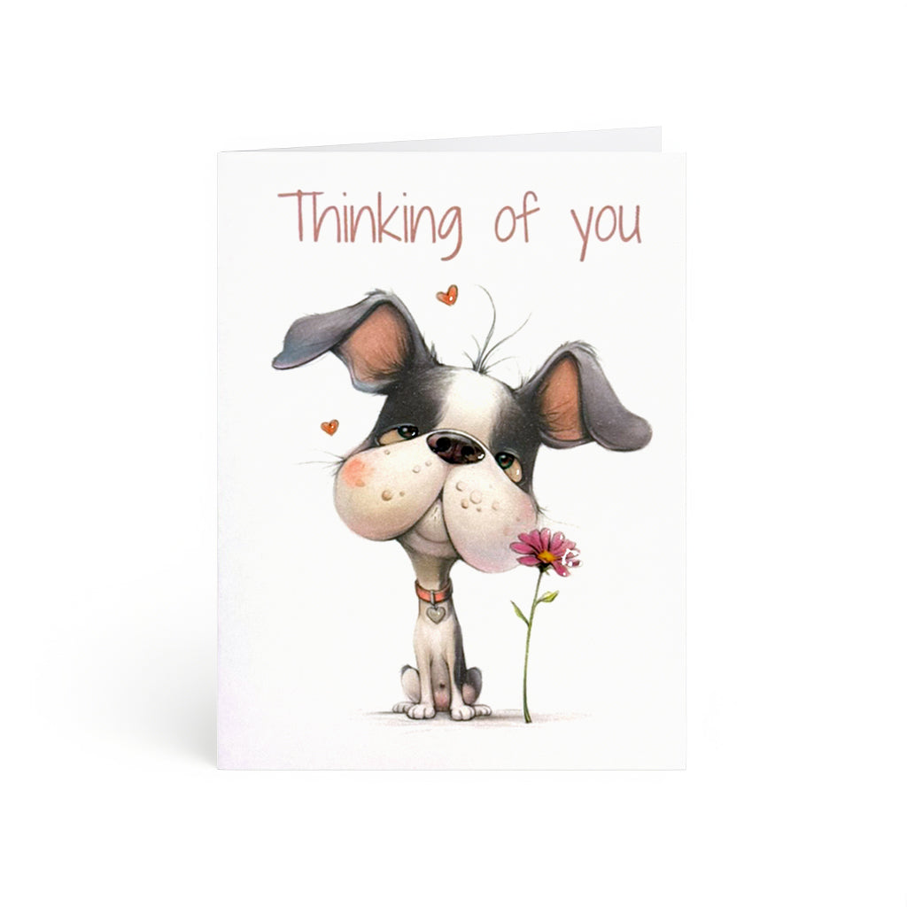 Lovable cartoon dog holding a bright pink flower
