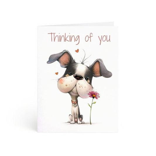 Lovable cartoon dog holding a bright pink flower