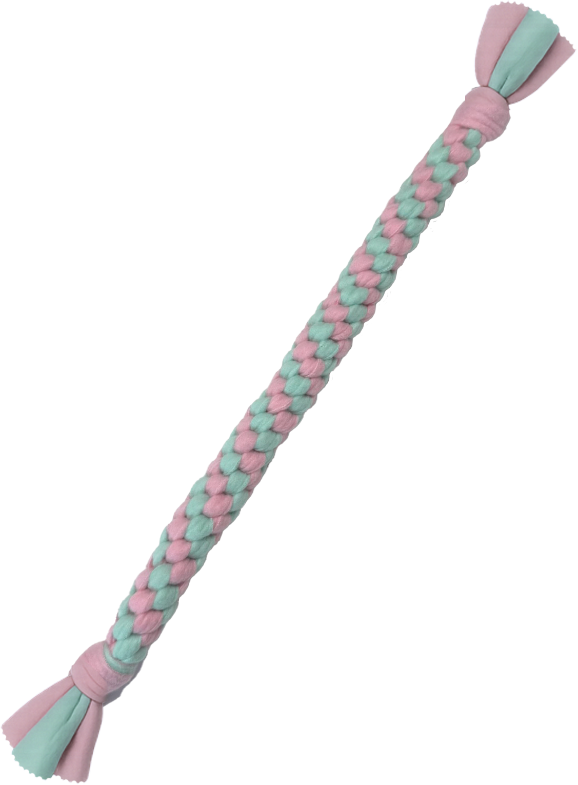teal and pink braided fleece tug toy for dogs and puppy play