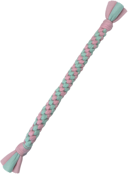 teal and pink braided fleece tug toy for dogs and puppy play