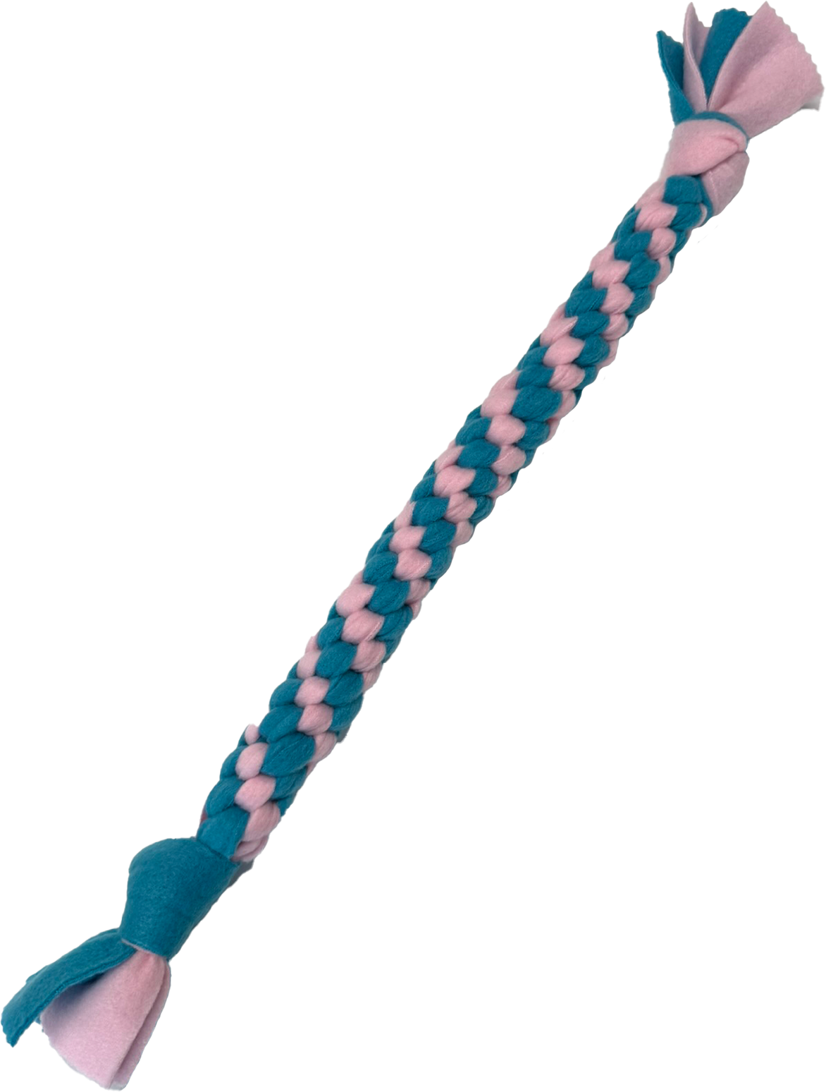 blue and pink braided fleece tug toy for dogs and puppy play