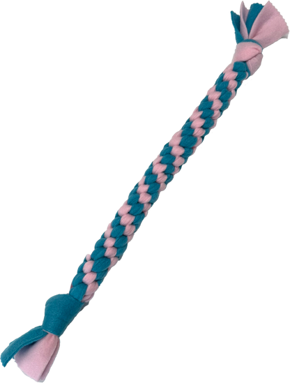 blue and pink braided fleece tug toy for dogs and puppy play