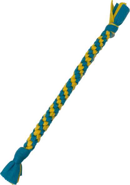 blue and yellow braided fleece tug toy for dogs and puppy play